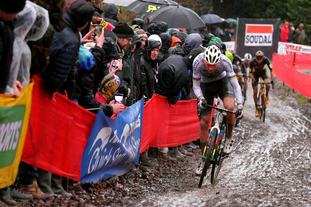 NAMUR BELGIUM DECEMBER 22 Mathieu Van Der Poel of The Netherlands and Team Corendon Circus Toon Aerts of Belgium and Team Telenet Baloise Lions Public Fans Mud during the 11th Namur World Cup 2019 UCICX TelenetUCICXWC on December 22 2019 in Namur Belgium Photo by Luc ClaessenGetty Images