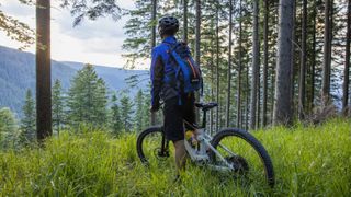 Man with electric mountain bike in forest