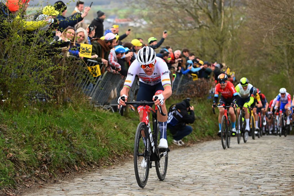 OUDENAARDE BELGIUM APRIL 03 Mads Pedersen of Denmark and Team Trek Segafredo competes at Kortekeer during the 106th Ronde van Vlaanderen Tour des Flandres 2022 Mens Elite a 2725km one day race from Antwerp to Oudenaarde RVV22 WorldTour on April 03 2022 in Oudenaarde Belgium Photo by Tim de WaeleGetty Images