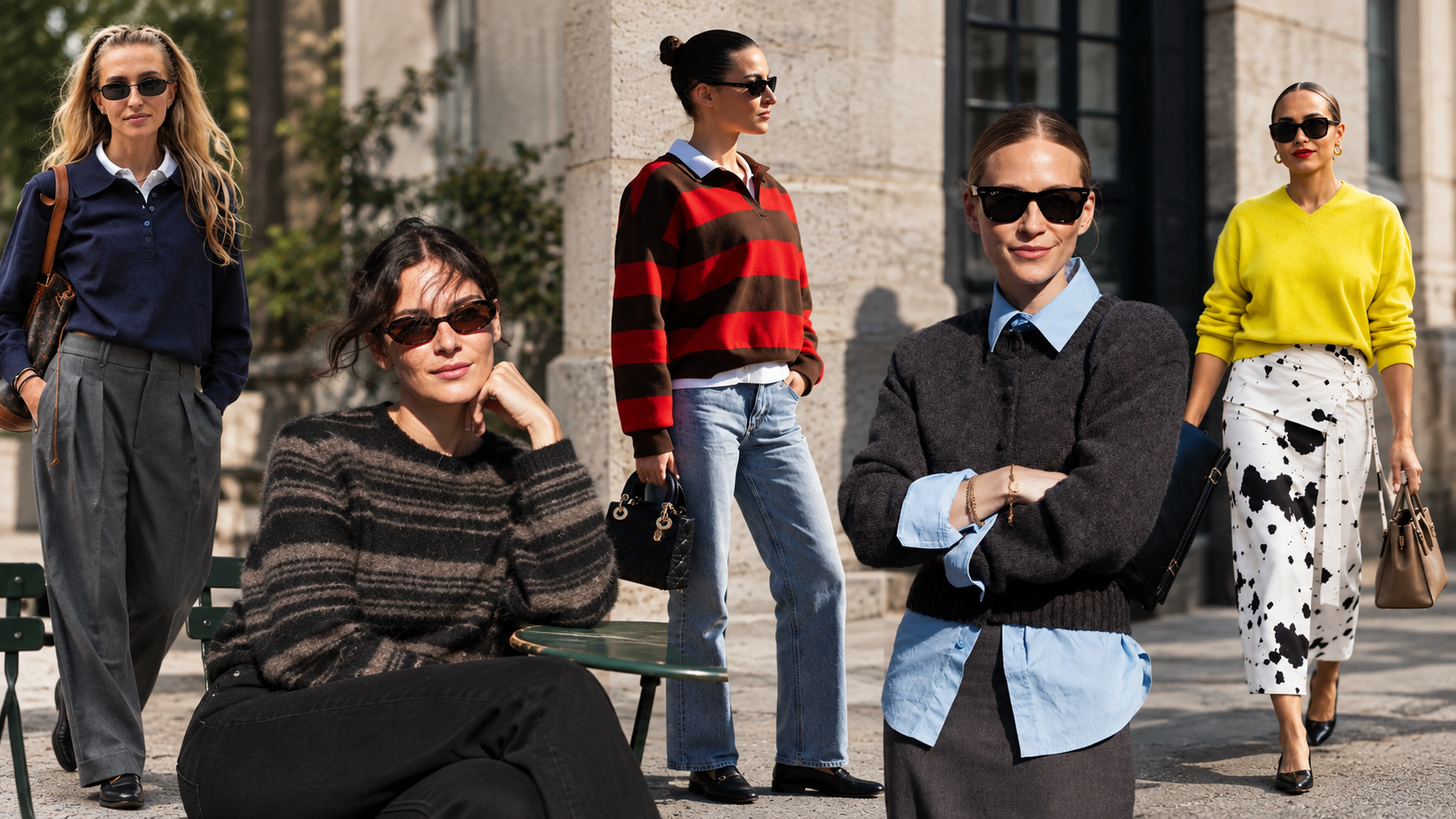 Five women model fall sweater trends in layered street-style looks, including striped knits, collared sweaters, and a bright yellow V-neck.