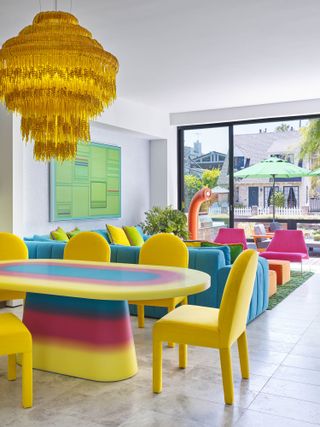 yellow, pink and blue living room