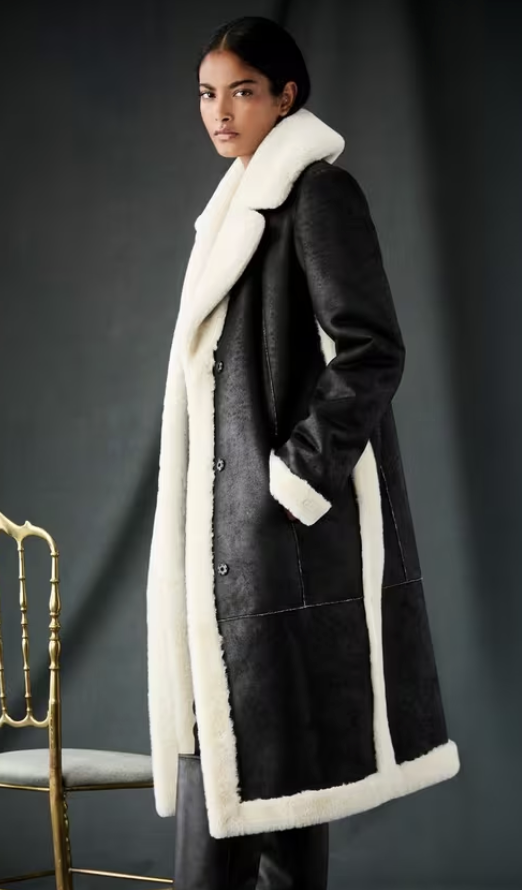 LK Bennett, Adora Black &amp;amp; Cream Faux Fur Long Coat