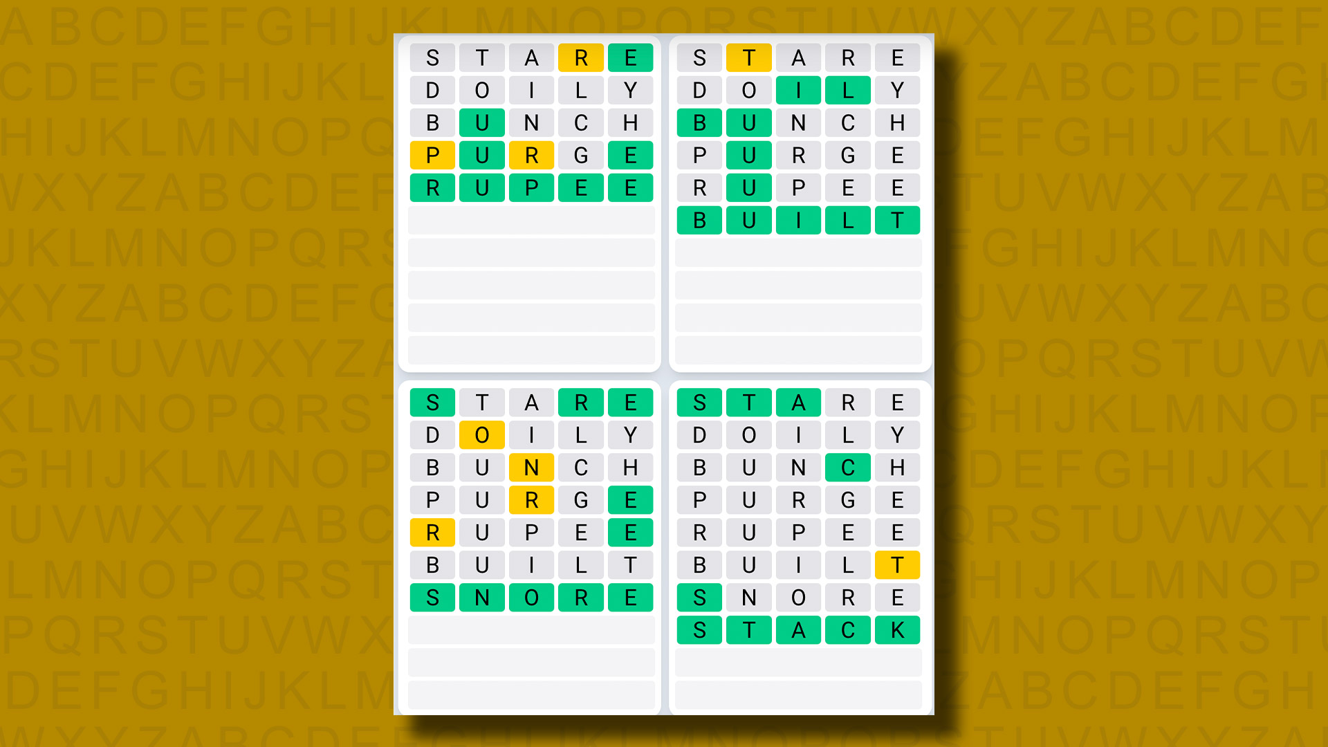 Quordle Daily Sequence answers for game 1025 on a yellow background