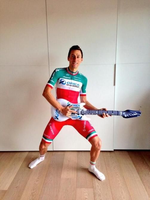 Ivan Santaromita shows off his new Orica-GreenEdge Italian national champion's jersey