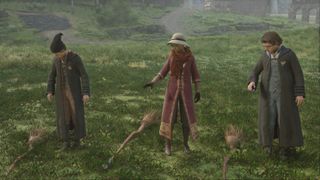 Hogwarts Legacy Flying - Three students with brooms
