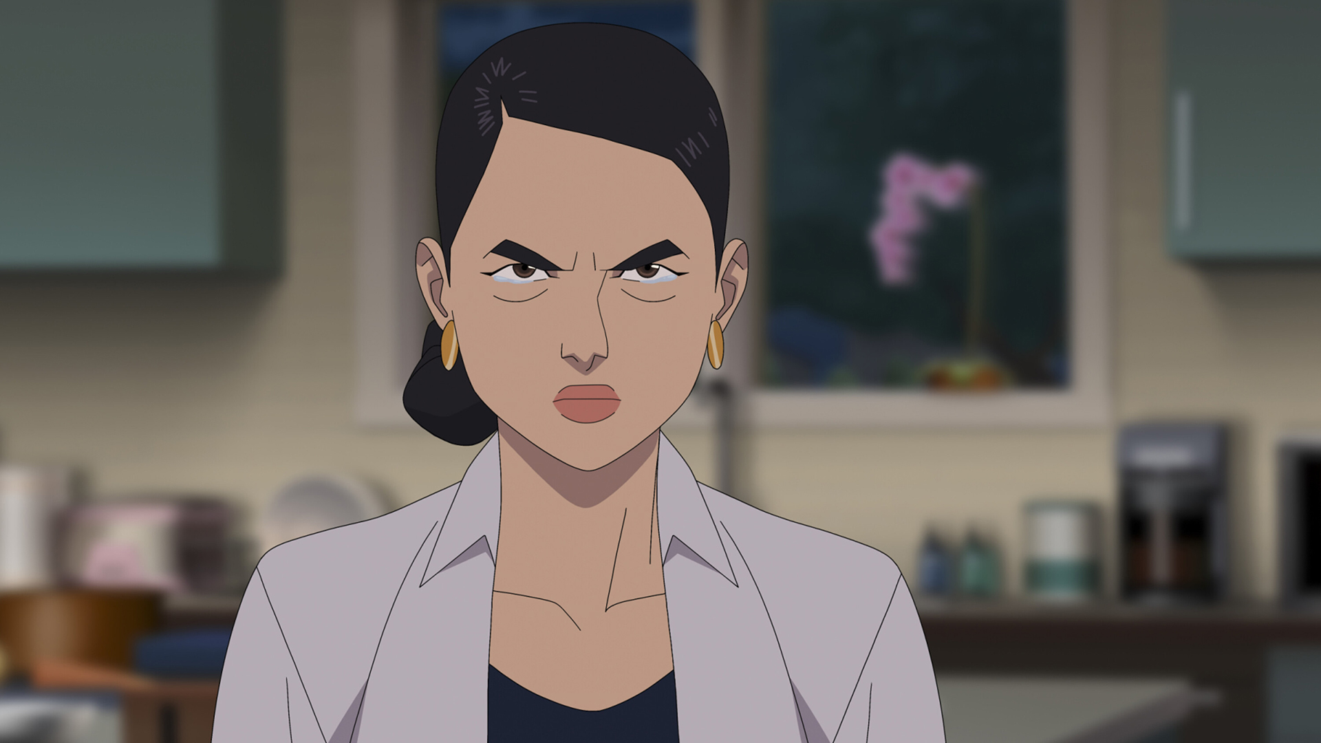 A furious and teary-eyed Debbie staring at an off-camera Nolan in Invincible season 4