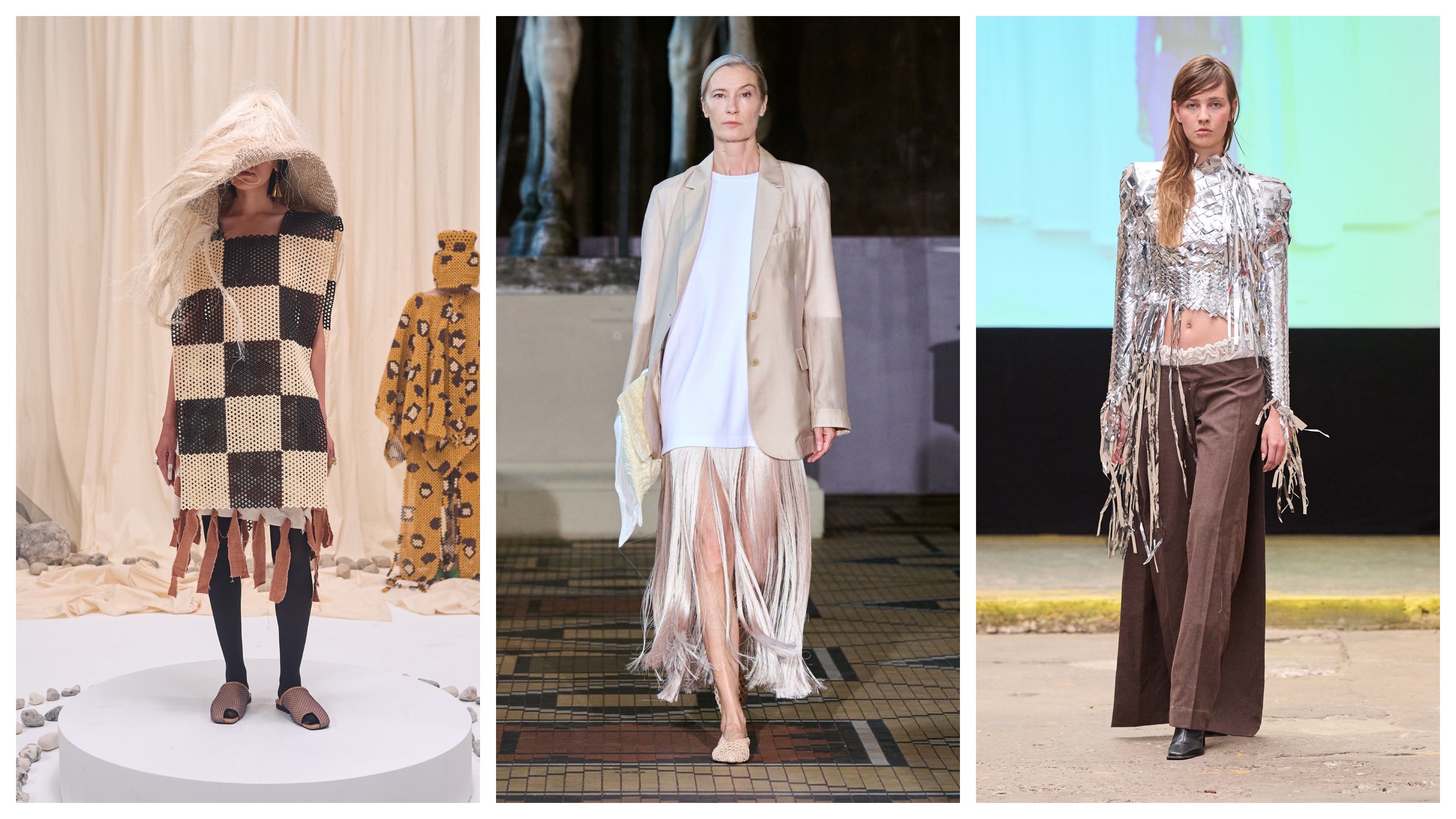 A collage featuring models wearing fringe trend on the runways of Copenhagen Fashion Week spring/summer 2027.