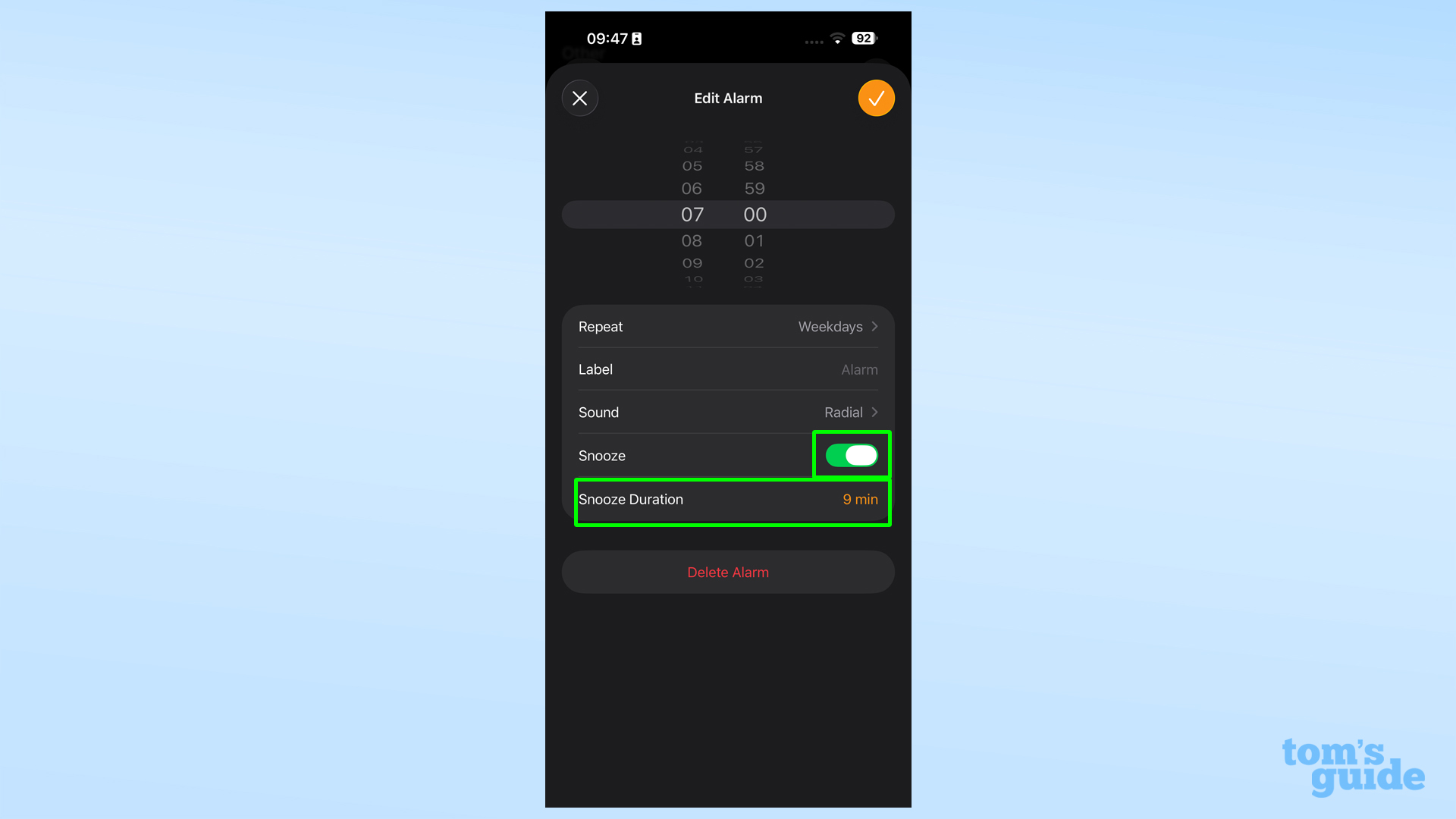 iOS 26 Clock app adjusting Snooze Duration