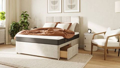 Emma Divan Bed review, featuring the bed base in a sunny room with one of the drawers opened