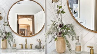 festive bathroom with vase of foliage