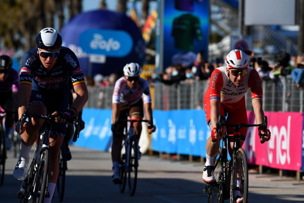 LIDODIFERMO ITALY MARCH 15 Arrival Elia Viviani of Italy and Team Cofidis during the 56th TirrenoAdriatico 2021 Stage 6 a 169km stage from Castelraimondo to Lido di Fermo TirrenoAdriatico on March 15 2021 in Lido di Fermo Italy Photo by Tim de WaeleGetty Images