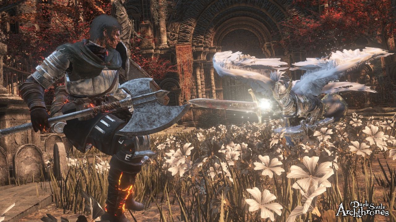 Knight with axe doing battle with armored foe