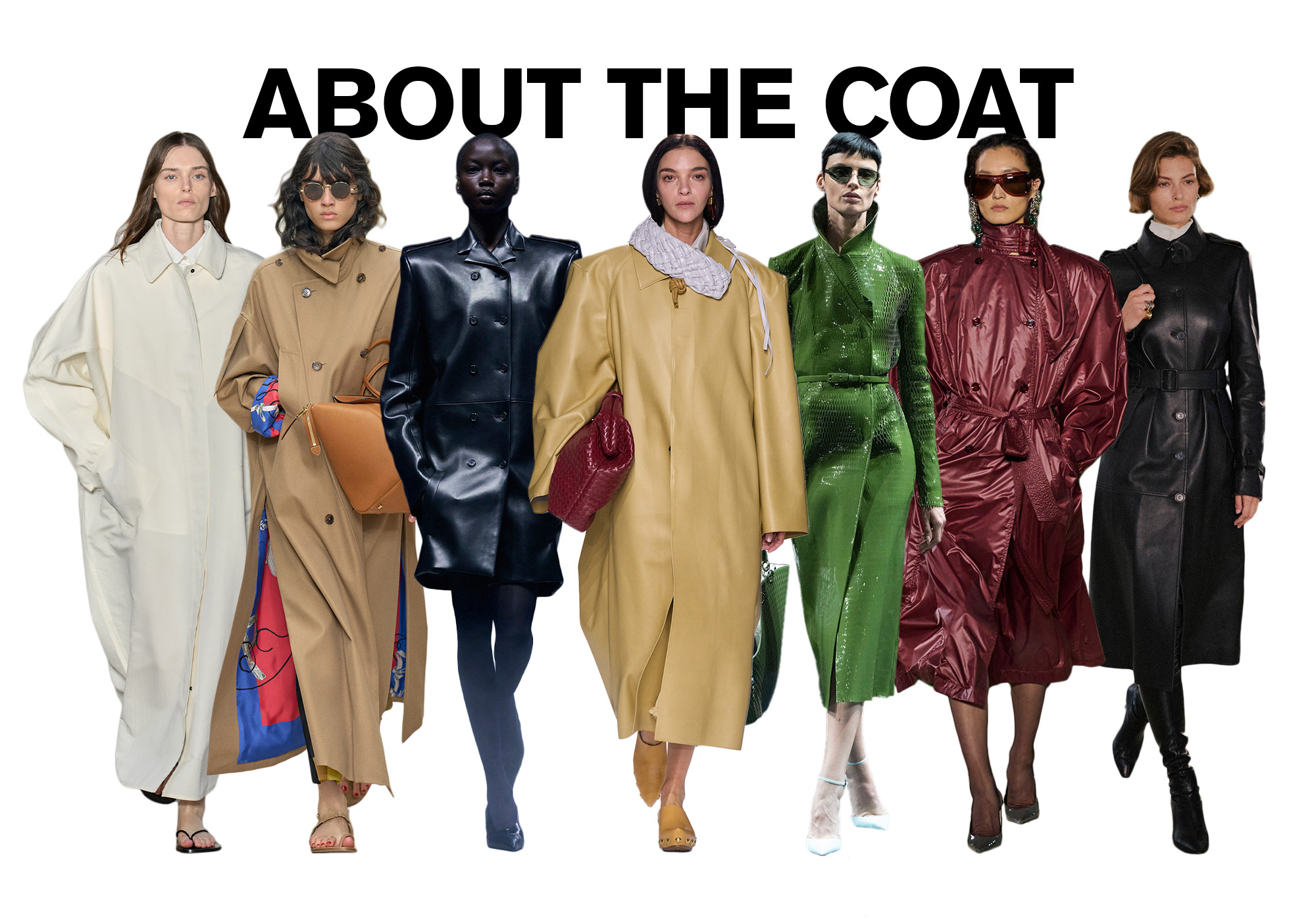 A photo of 7 models from the S/S 26 runway shows wearing standout coats against a white background. On top, the title is, 