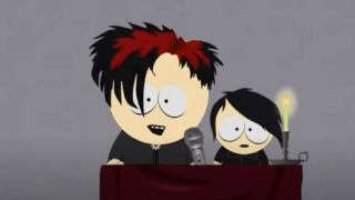 Two of the goth kids speaking at a podium in South Park.