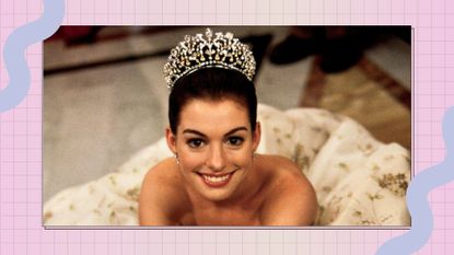 Anne Hathaway as Mia Thermopolis in The Princess Diaries wearing a crown and a gown on a purple and pink template