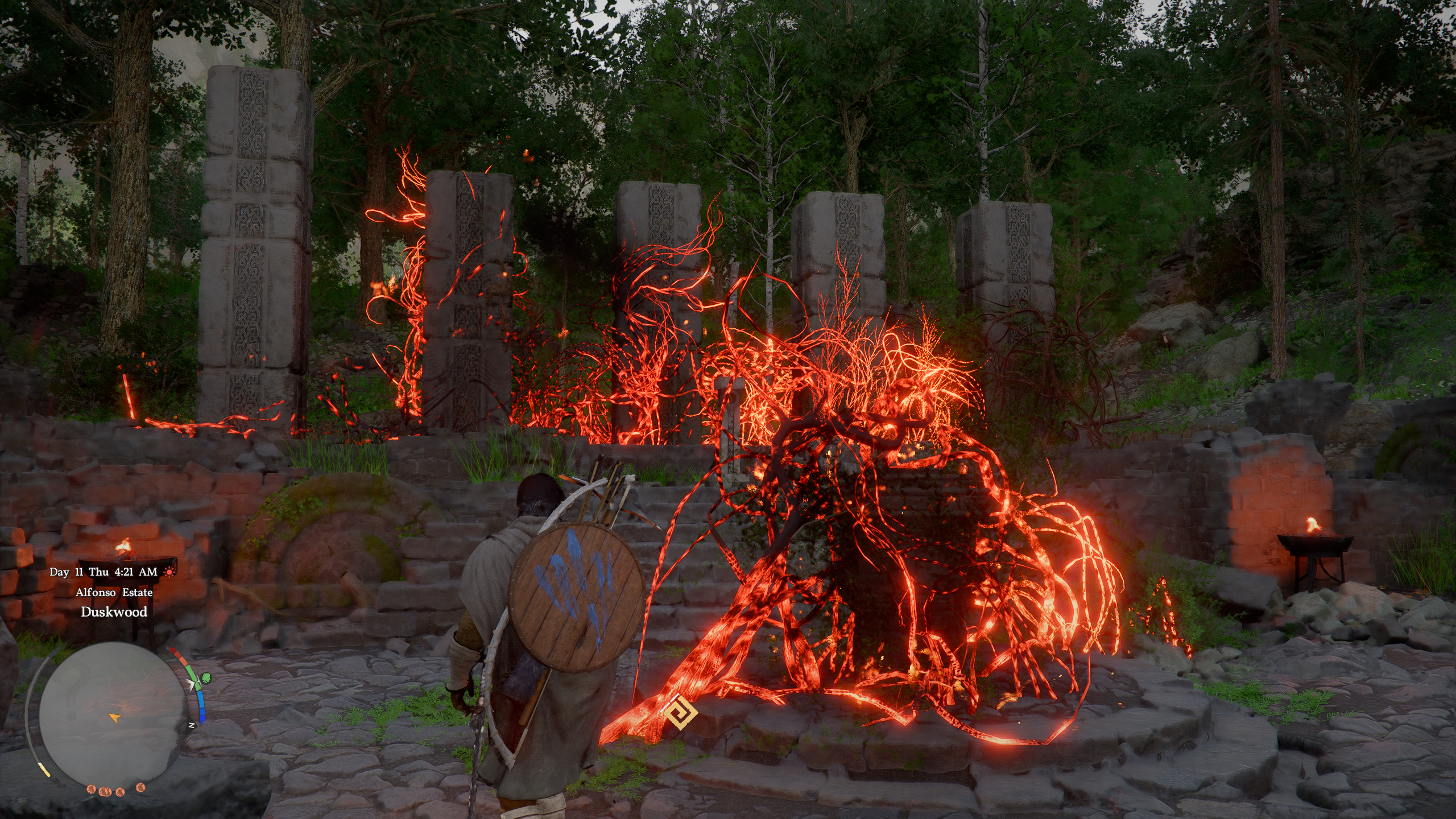 Crimson Desert Duskwood puzzle: Kliff standing next to the various pillars and a turnstile as the vines burn away.