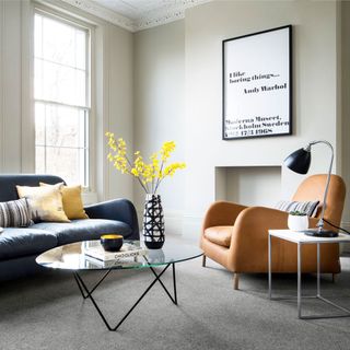 White living room with Brockway Plush Carpet in Dimensions Heathers in Arctic Grey