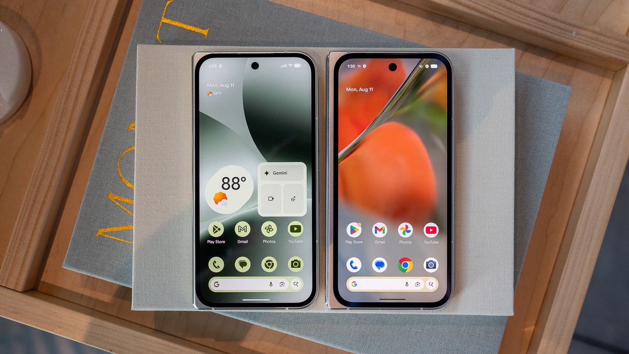 Comparing the Google Pixel 9 Pro Fold (white) with the Google Pixel 10 Pro Fold (green)