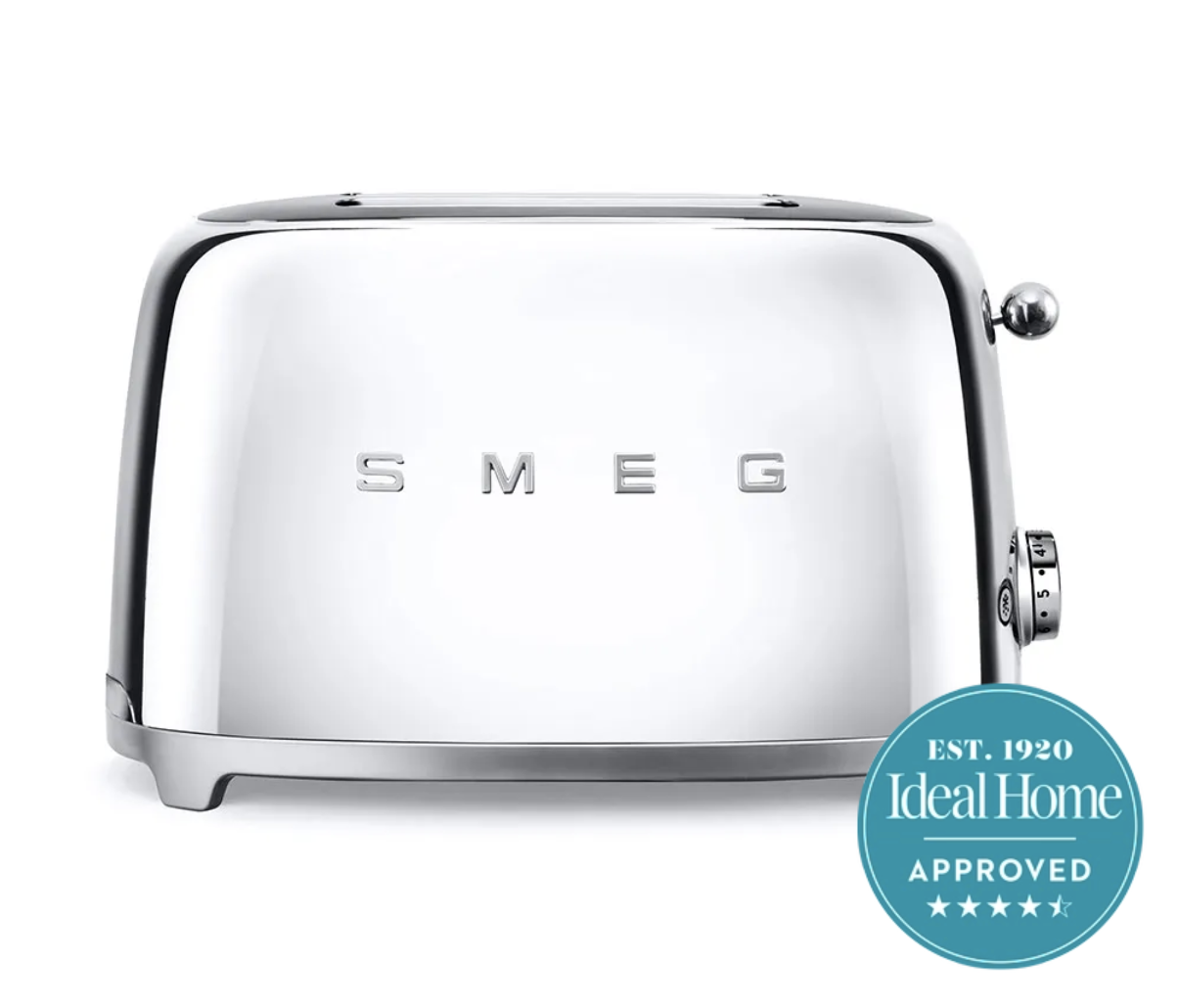 A stainless steel toaster on a white background with a blue 4.5 stars Ideal Home approved badge