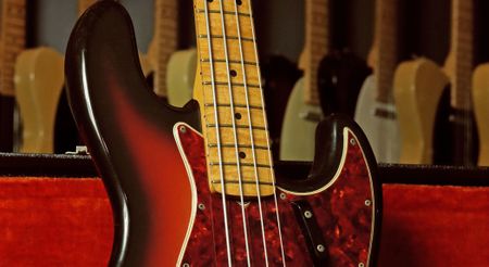 1965 Fender Jazz Bass with a maple cap fingerboard: the slab board was a very rare feature at the time