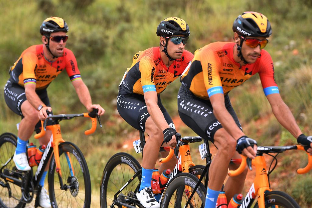 Mark Cavendish rides with Bahrain McLaren teammate Mikel Landa at the Vuelta a Burgos