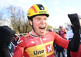 Norwegian Soren Waerenskjold of Uno-X Mobility celebrates after winning the men's one-day cycling race Omloop Het Nieuwsblad (UCI World Tour), 197 km from Gent to Ninove, Saturday 01 March 2025.
BELGA PHOTO JASPER JACOBS (Photo by JASPER JACOBS / BELGA MAG / Belga via AFP)