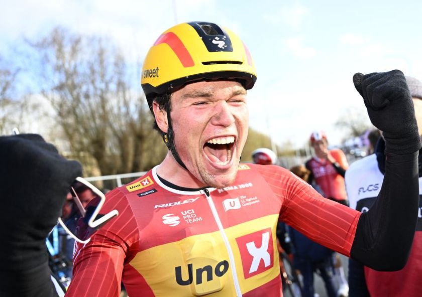 Norwegian Soren Waerenskjold of Uno-X Mobility celebrates after winning the men&#039;s one-day cycling race Omloop Het Nieuwsblad (UCI World Tour), 197 km from Gent to Ninove, Saturday 01 March 2025.
BELGA PHOTO JASPER JACOBS (Photo by JASPER JACOBS / BELGA MAG / Belga via AFP)