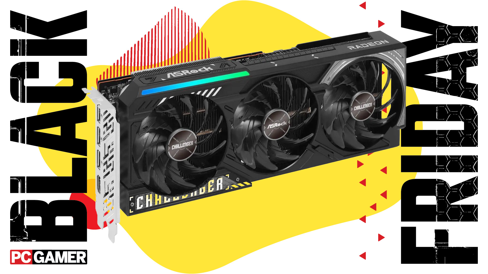 An ASRock graphics card on a yellow background with the PC Gamer logo and words &#039;black friday&#039;