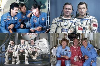 four-paned image of cosmonauts crews on different missions