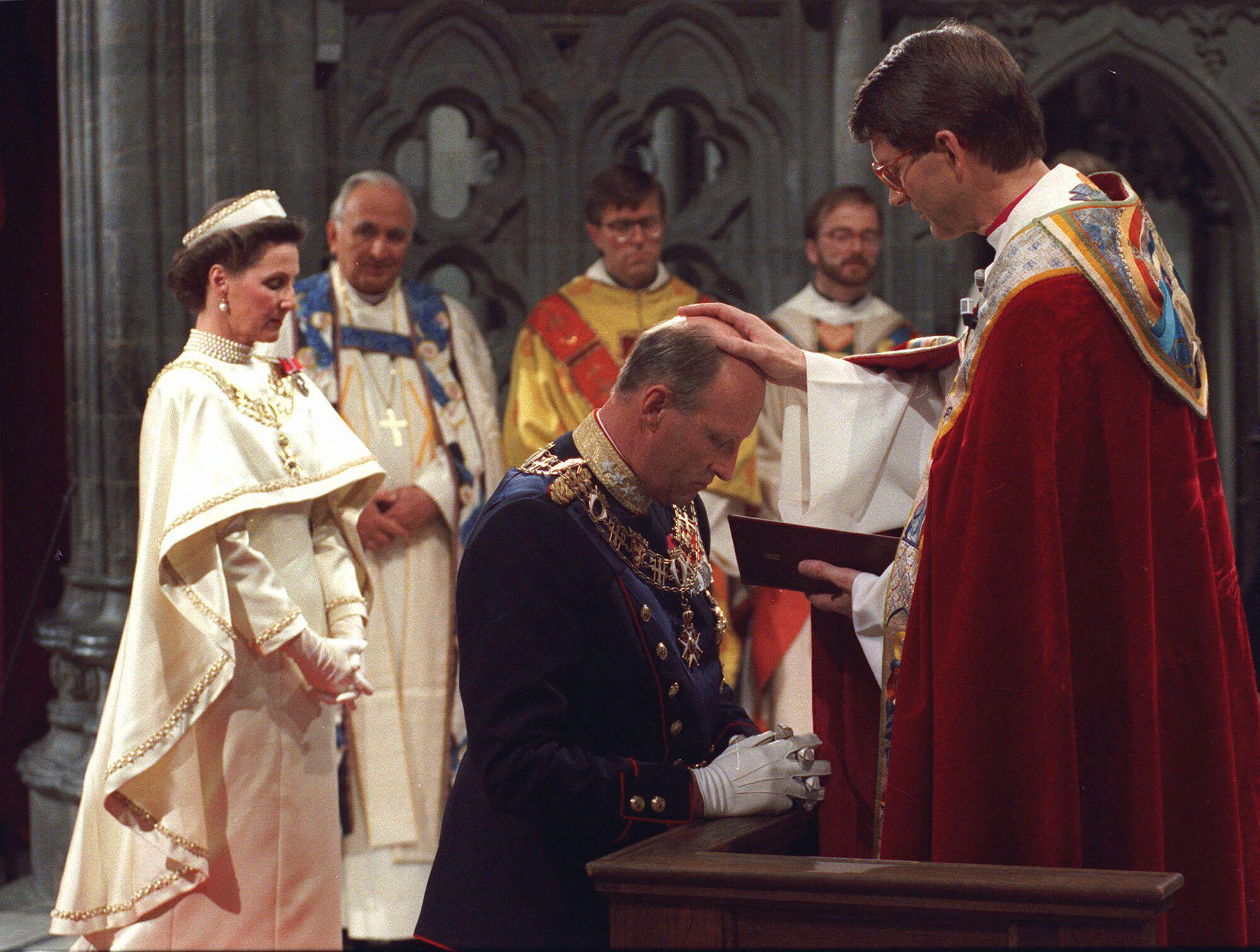 King Harald of Norway being blessed at his coronation ceremony