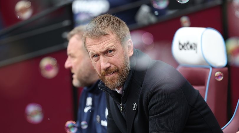 Graham Potter looks on from the bench at the London Stadium ahead of Chelsea&#039;s 1-1 draw at West Ham in February 2023.