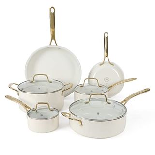 Martha Stewart Lockton Premium Nonstick Pfa Free Ceramic Interior 10 Piece Heavy Gauge Enamel Aluminum Pots and Pans Cookware Set - Linen White W/gold Handle