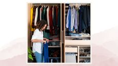 spring wardrobe decluttering tips - woman putting clothes on a hanger