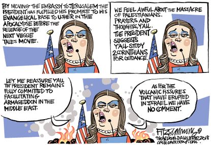 Political cartoon U.S. Sarah Huckabee Sanders Trump Jerusalem embassy Gaza deaths Israel