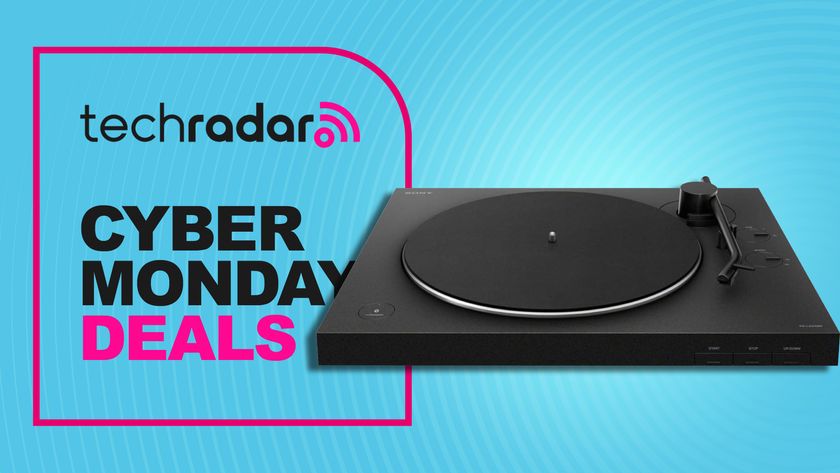 Sony PS-LX310BT on blue background with TechRadar&#039;s &#039;Cyber Monday deals&#039; badge in black and pink
