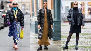 street style models wearing puffer jacket outfits with a dress