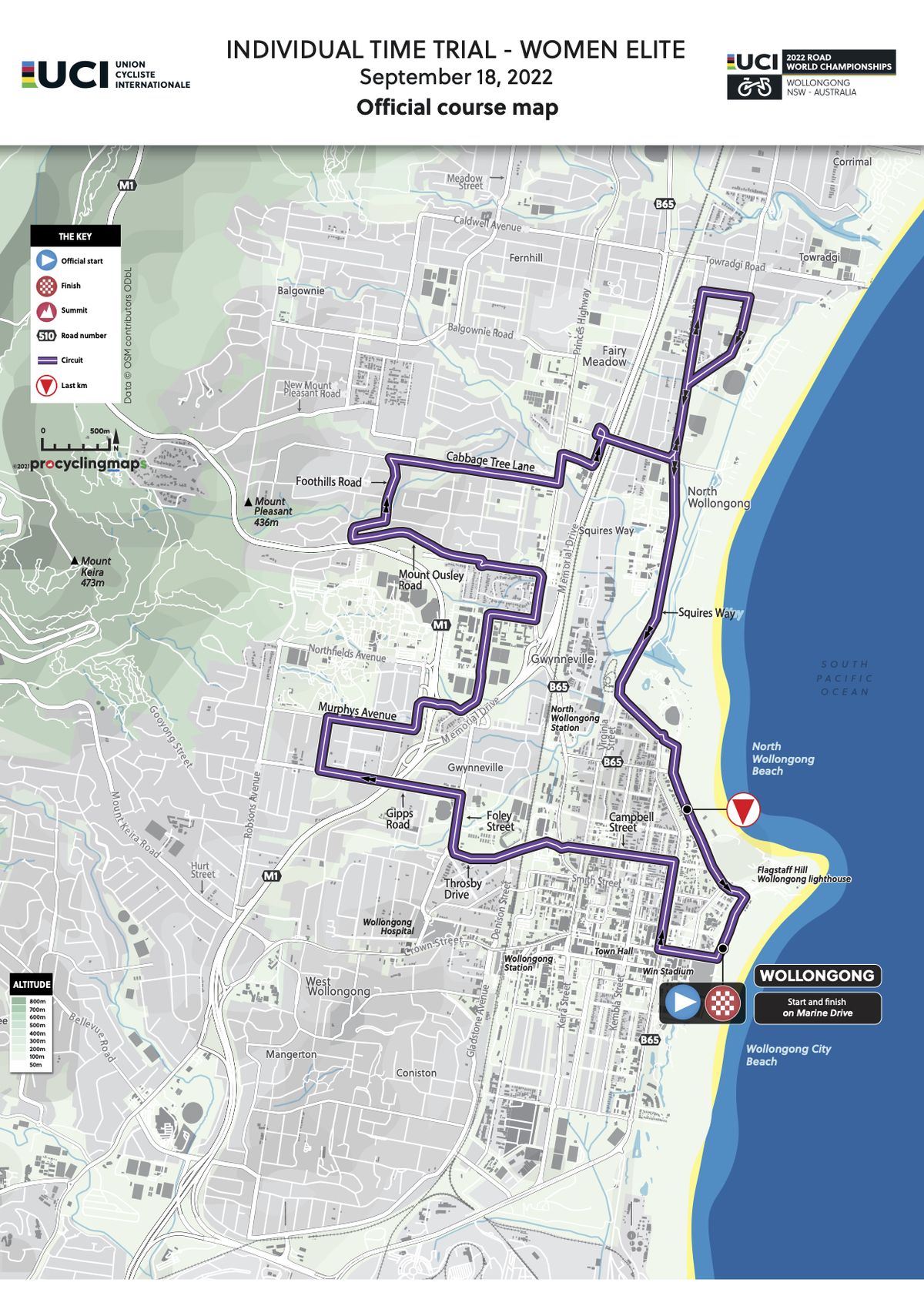 Time trial course map for the UCI 2022 Road World Championships Wollongong