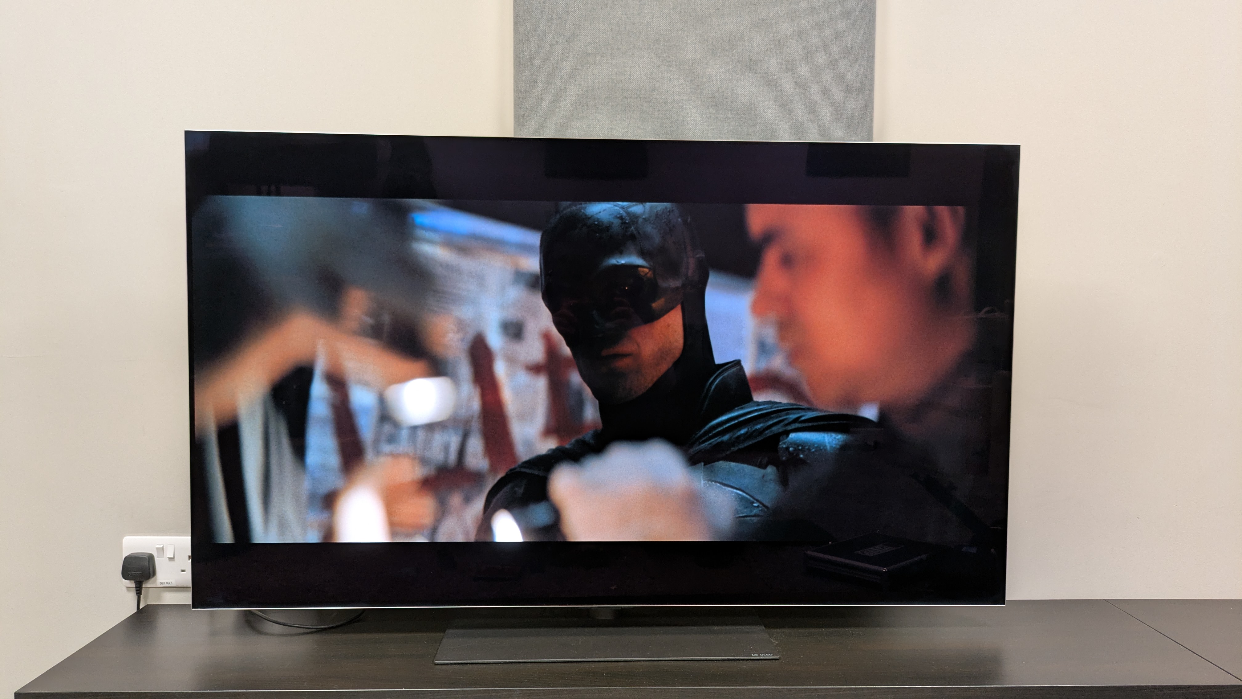 A shot of Batman's face from The Batman on the LG G5 in Dolby Vision Filmmaker Mode