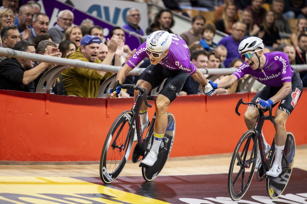 Lindsay De Vylder and Robbe Ghys on their way to winning the 2023 Gent Six Day