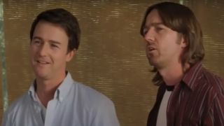 Edward Norton as Bill Kincaid standing next to Edward Norton as Brady Kincaid in Leaves of Grass