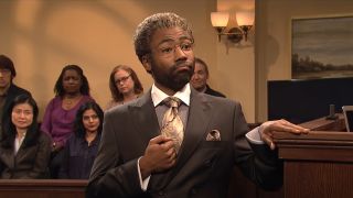 Donald Glover giving a speech in a courtroom during an SNL sketch