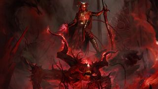 Diablo 4 Warlock stands above a howling demon