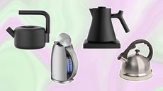 A variety of electric kettles on a light green and purple background
