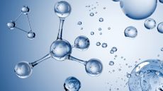 A series of ball-and-stick shaped transparent molecules against a blue background