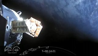 The SAOCOM 1B Earth-observation radar satellite separates from the upper stage of its SpaceX Falcon 9 rocket after a successful launch into orbit on Aug. 30, 2020.