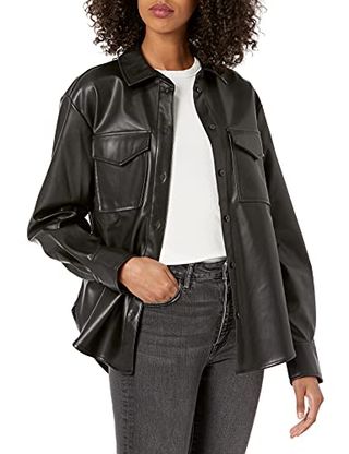 The Drop Women's @lisadnyc Faux Leather Long Shirt Jacket, Black, 4x, Plus Size