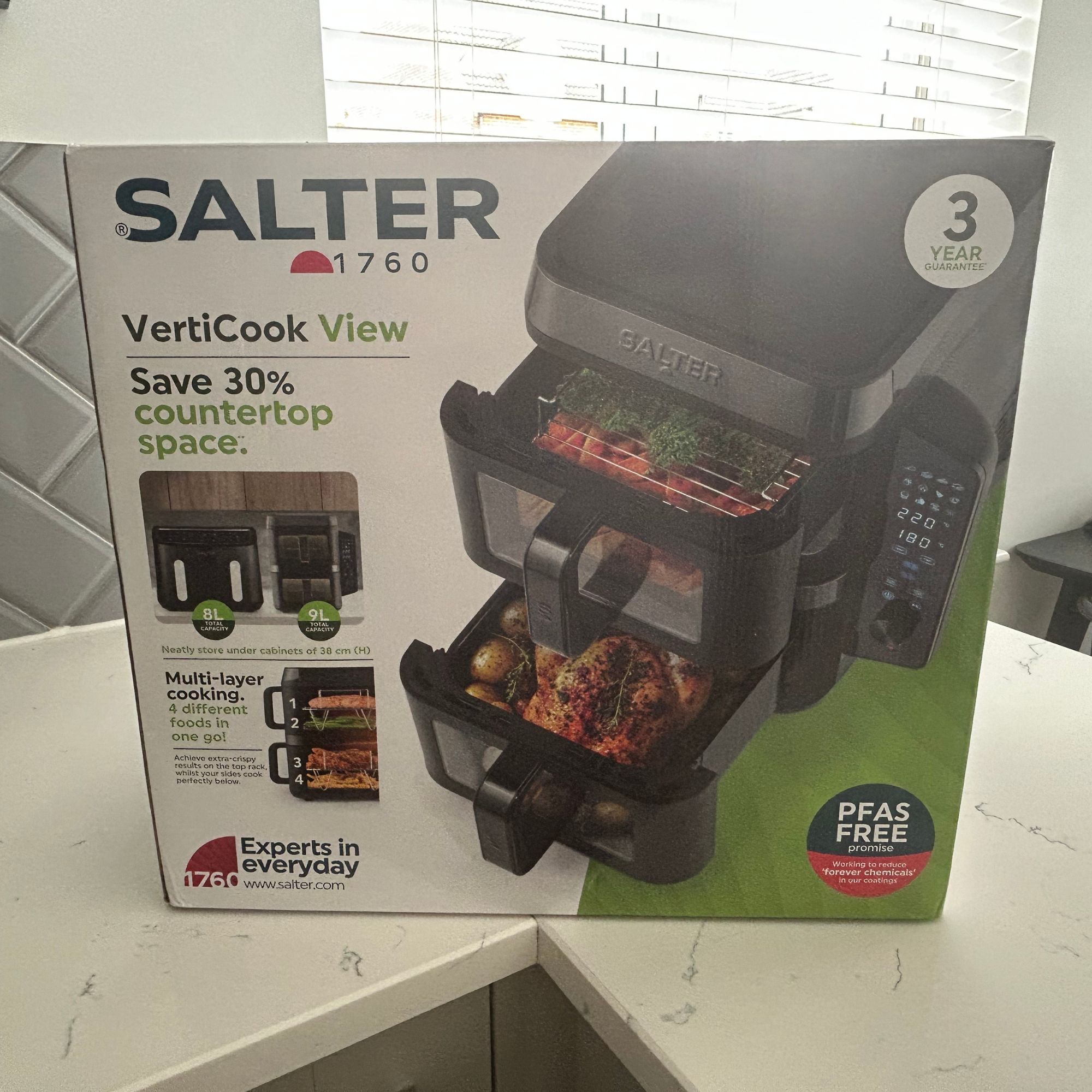 Salter VertiCook View Air Fryer in box on kitchen worktop