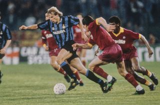 Jurgen Klinsmann on the ball for Inter against Roma in the second leg of the 1991 UEFA Cup final.