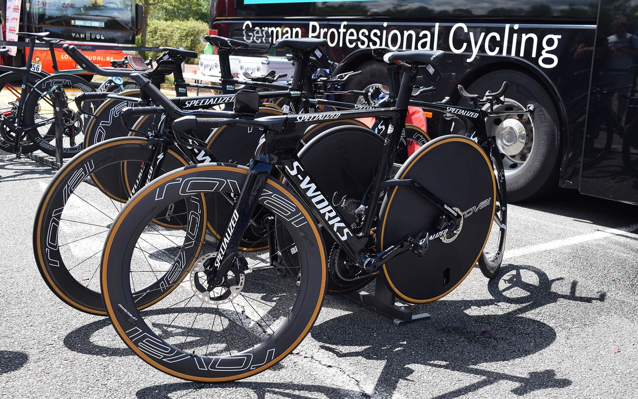 Emanuel Buchmann appeared to be the only Bora-hansgrohe rider racing the, as yet, unreleased Specialized time trial bike