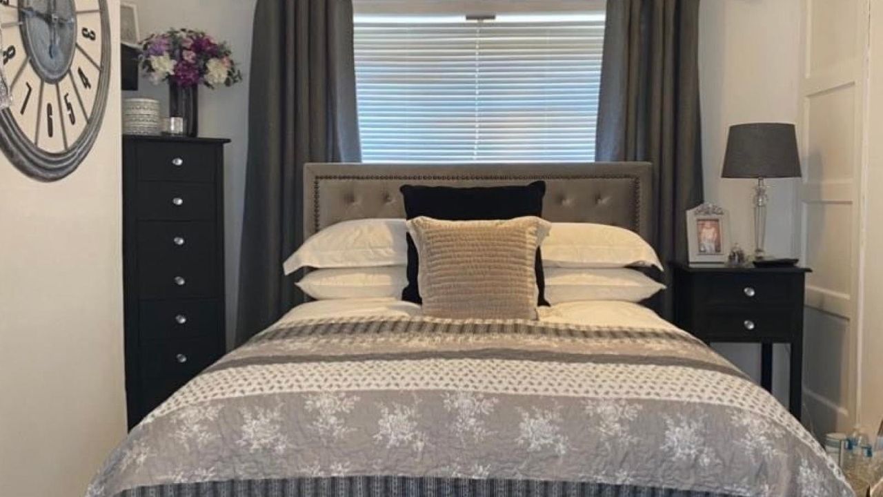 grey bedroom with painted furniture